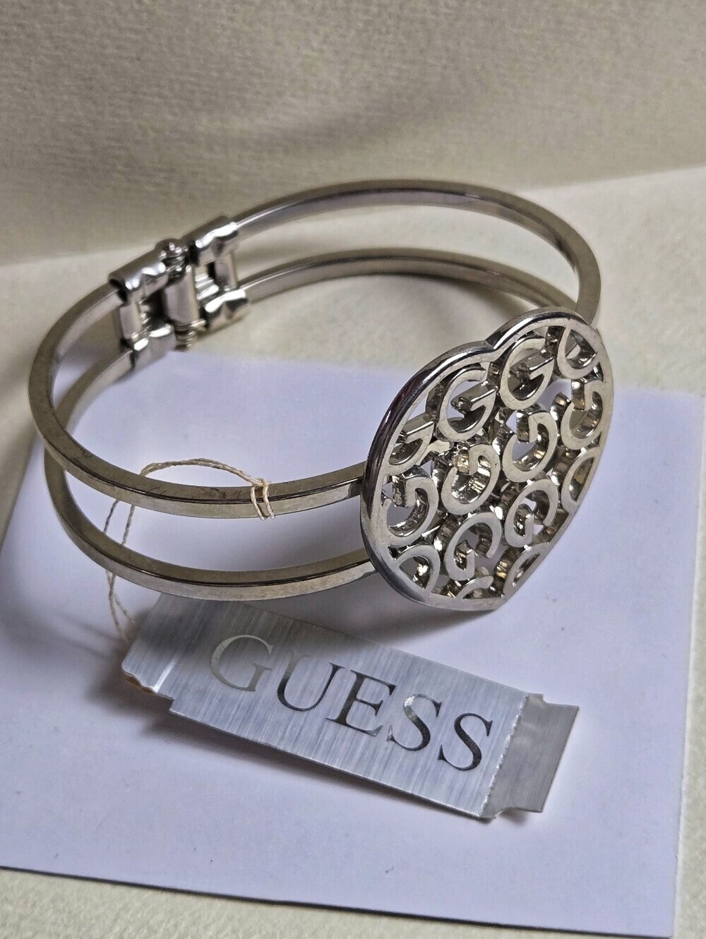 Guess Silver-Tone Double-Band Logo Medallion Bracelet